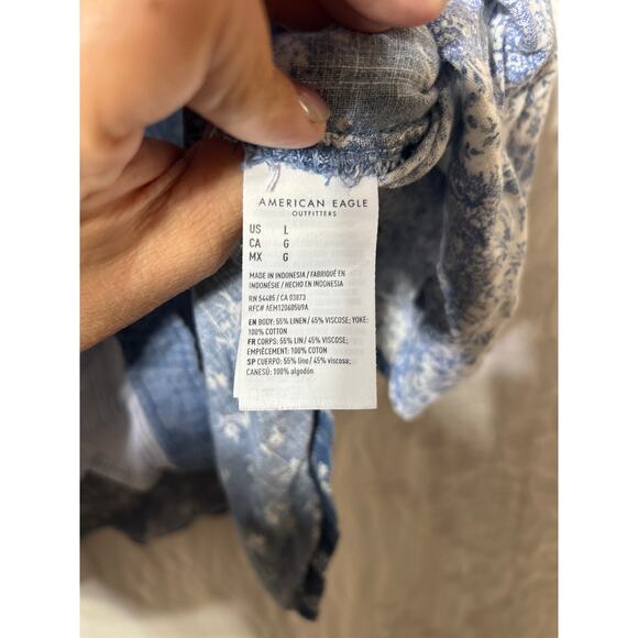 American Eagle Button Up Large Denim Look Floral Patchwork Cotton Linen - Picture 7 of 10